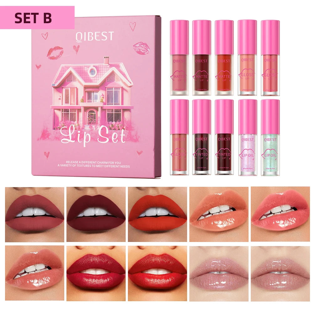 QIBEST Lips Makeup Set Matte Velvet Liquid Lipstick Lip Gloss Non-Sticky Lip Oil Glaze Moisturizing Lip Balm Tint Cosmetics Kits Qme Set B