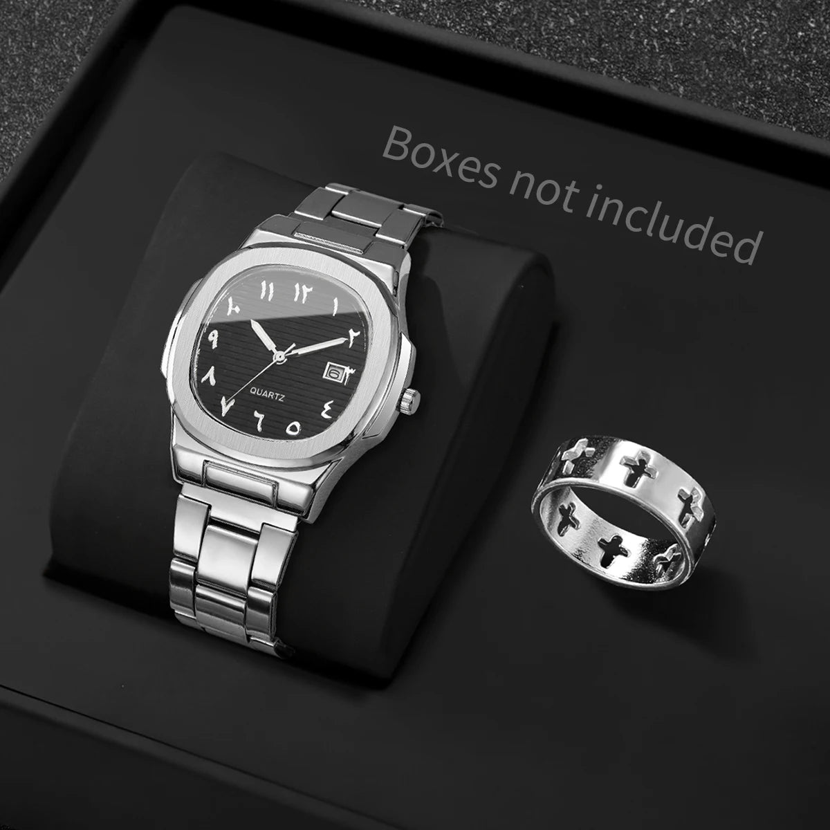 Men's Casual Silver Jewelry Set, Black Dial Arabic Numeral Quartz Watch with Stainless Steel Band and Cross Cutout Ring Qme Black Set No Box
