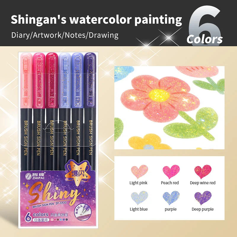 6Pcs Shiny Glitter Calligraphy Markers, Colorful Fluorescent Drawing Pens for DIY Painting Art Craft Stationery Supplies Qme black pen holder A