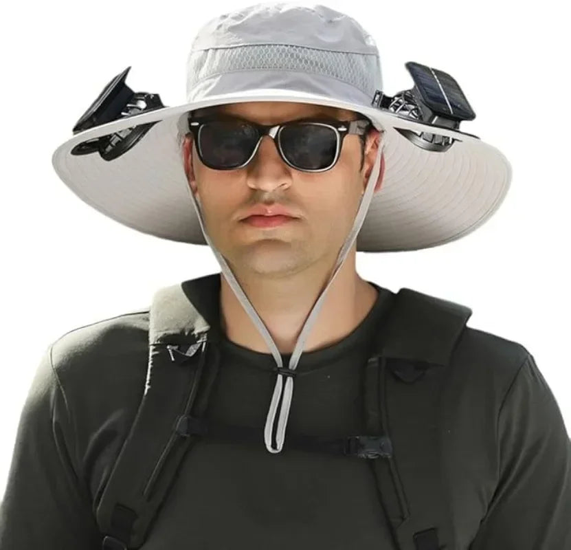 Solar Fan Bucket Hat Lightweight Breathable Wide Brim for Beach Gardening Hiking Rechargeable Via Sun or USB Cable for Men Women Qme Light Gray