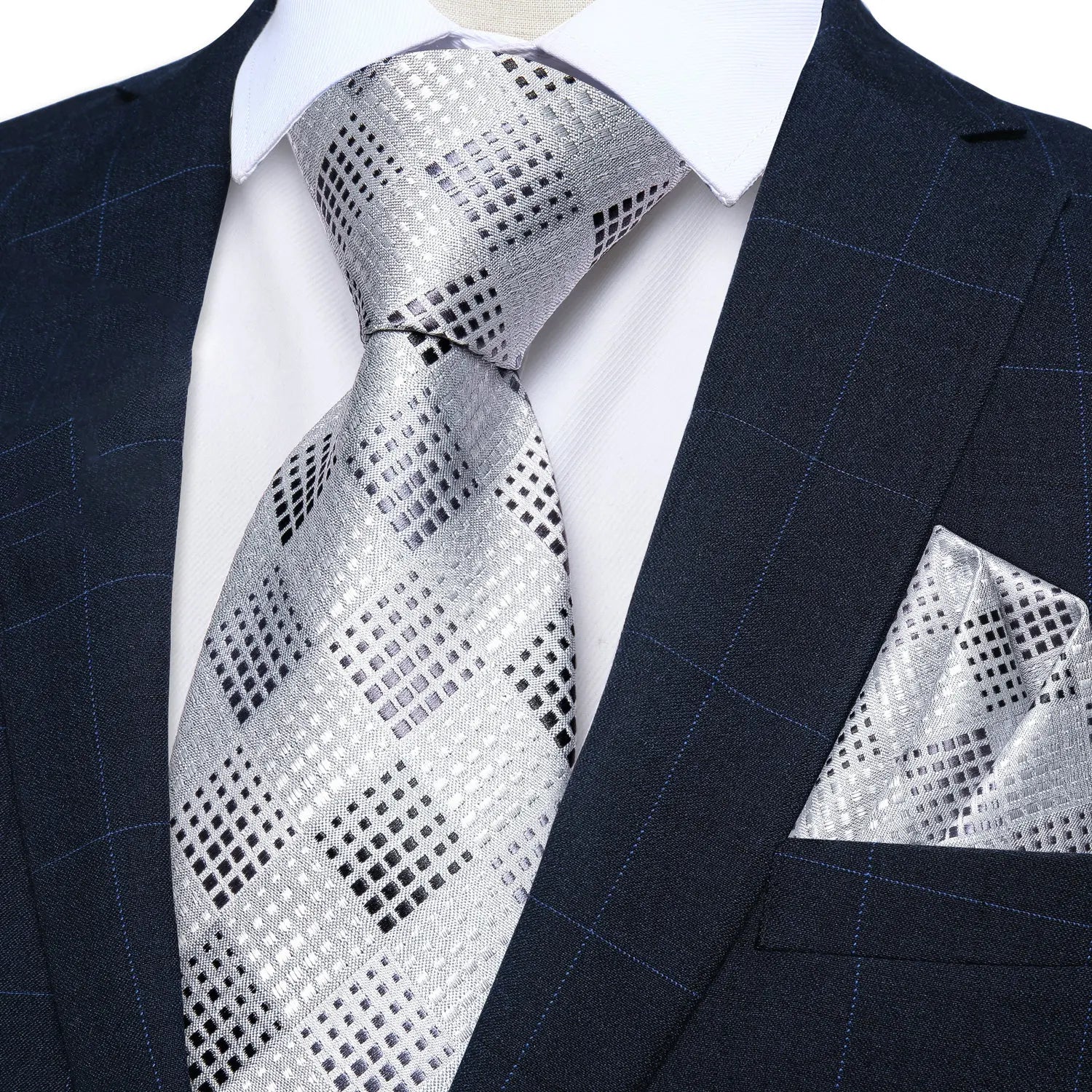 Grey Classic Men Necktie Pocket Square Formal Wedding Silk Business Qme HT-N-0355