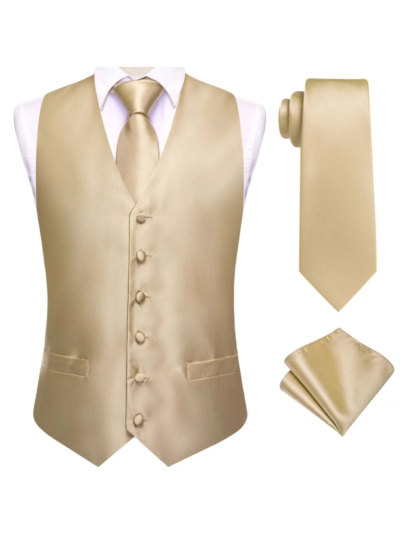 Apricot Men Vest Three-Piece Suit Set, Dress Waistcoat with Tie and Pocket Square for Party Ceremony Qme MJ-3228 S