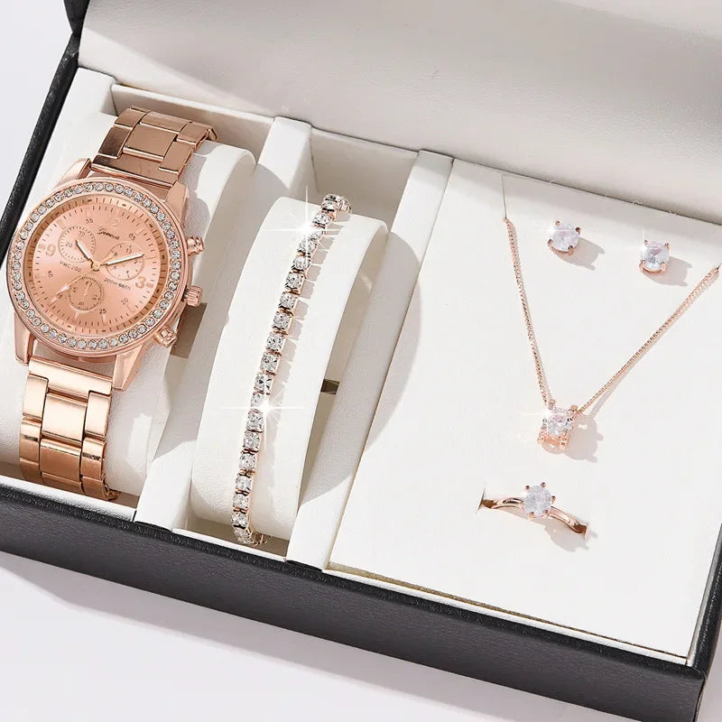 Women Quartz Watch Luxury with Diamonds Simple Stainless Steel Strap Clock Ring Necklace Earrings Rhinestone Set Reloj (no Box) Qme MGJ