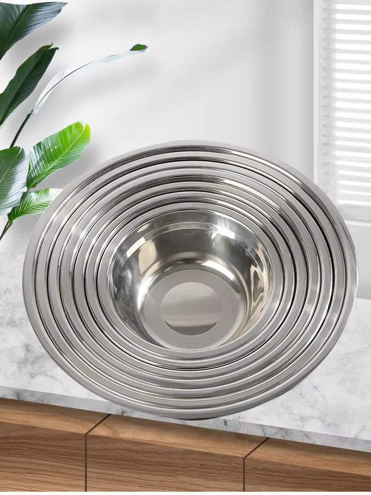 Stainless Steel Round Thicken Kitchen Cooking and Baking Kneading Bowl, Washing Fruit and Vegetable Bowl Qme