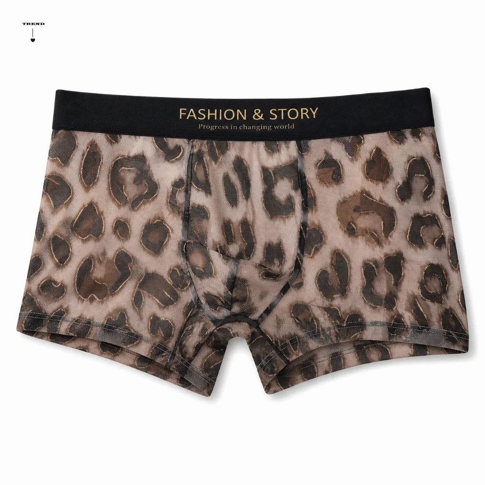 Cool Leopard Print Men's Ice Silk Boxer Underwear Ultra Thin Mesh Qme