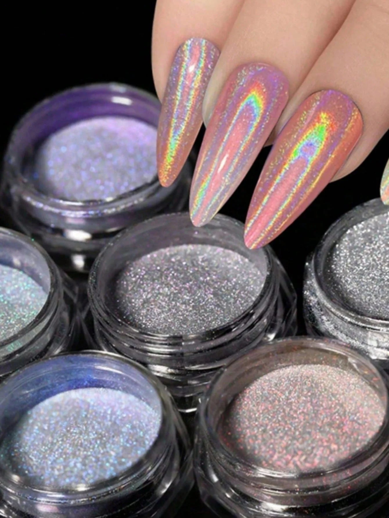1 Aurora Rainbow Laser Nail Powder Ultra Shiny Fine Glitter Solvent Qme 1 set 5 pcs