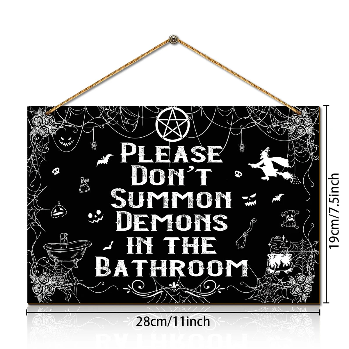 Halloween wooden wall sign, "Please Don't Summon Demons in the Bathroom" spider web witch decoration, fun Halloween decoration Qme