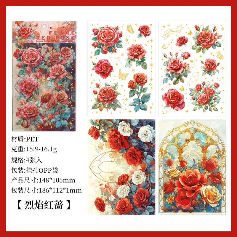 4pcs/pack Large size Aesthetic Flowers PET Stickers Shell Light DIY Scrapbooking Decor Stationery Collage Junk Journal Supplies Qme B