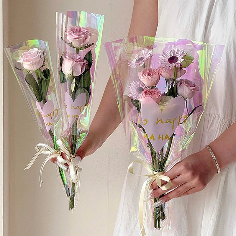 30PCS Love Heart Iridescent Single Rose Sleeves DIY Transparent Flower Wrapping Bag Floral Material Packaging Waterproof Qme