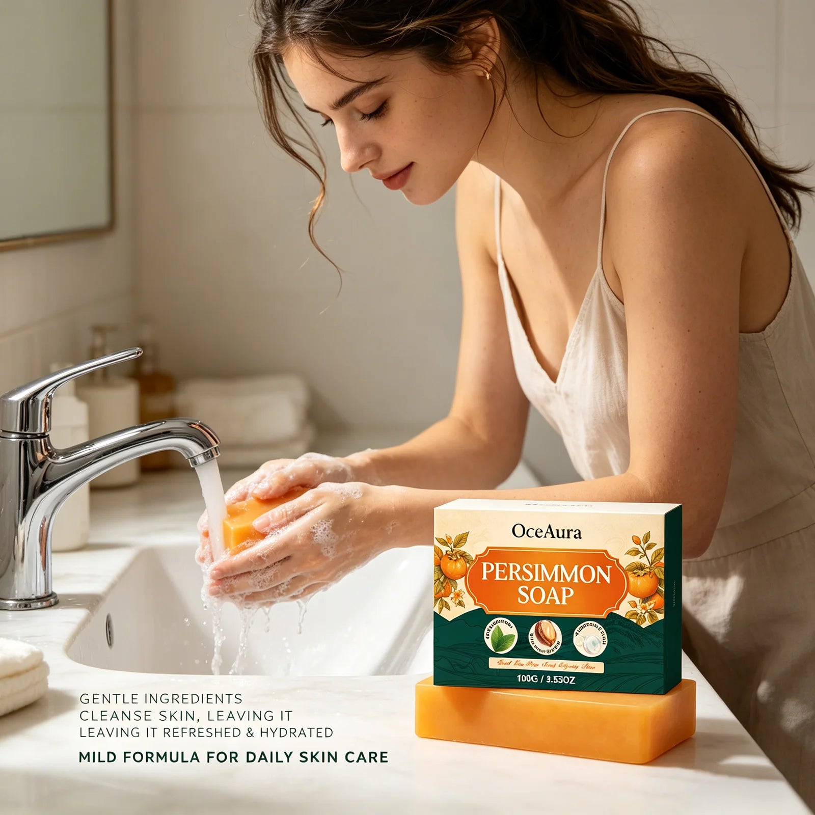 OceAura Persimmon Soap Nonenal Body Odor Removal Improve Dryness Clean Skin Exfoliator Refreshing Organic Natural Body Soap Bar Qme