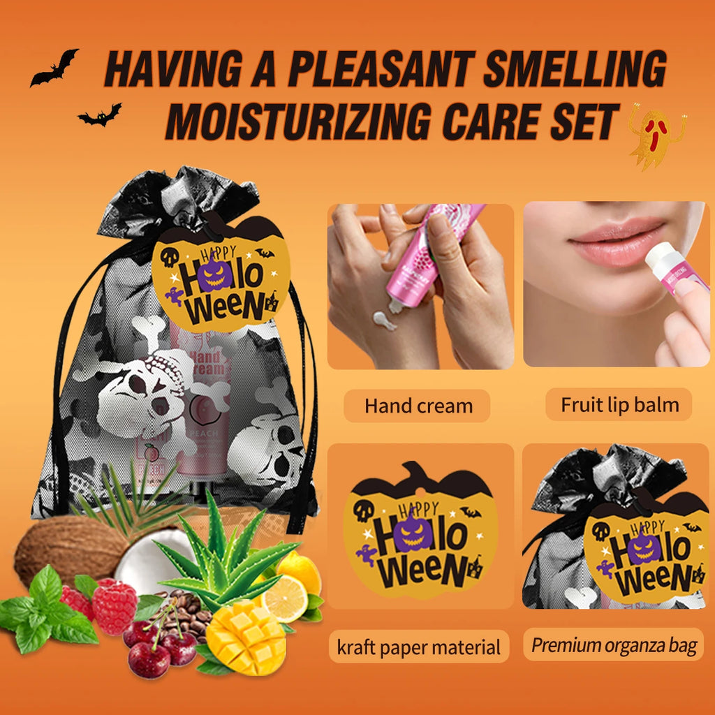 12 Halloween gift sets/box, lip balm set, hand cream set, Easter, skull mesh bag and pumpkin card, Trick or treat Qme