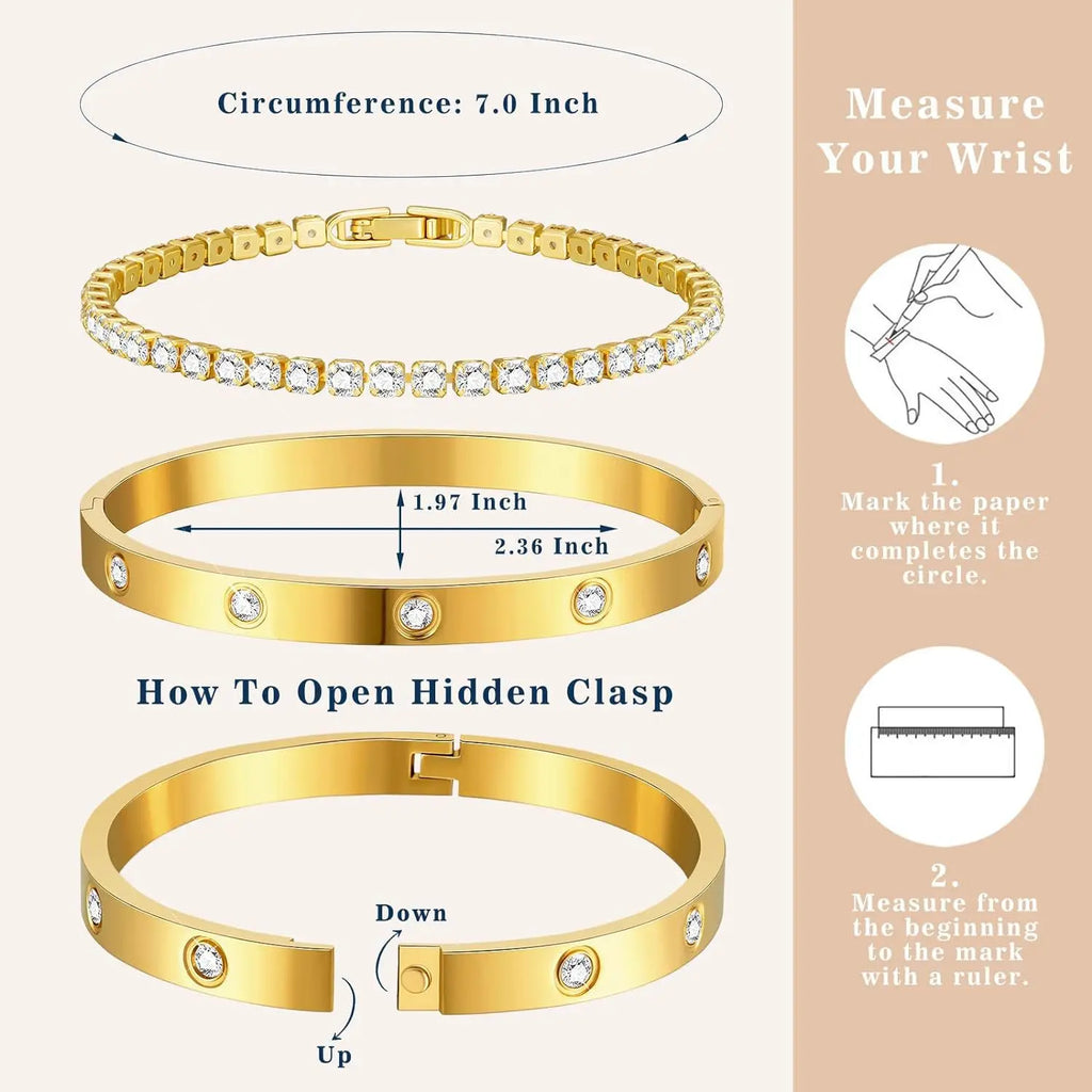 2PCS Colorful Shiny Zircon Stacked Bracelet Bangles High Quality Gold-plated Stainless Steel Jewelry Bracelet Bangles Set Gift Qme