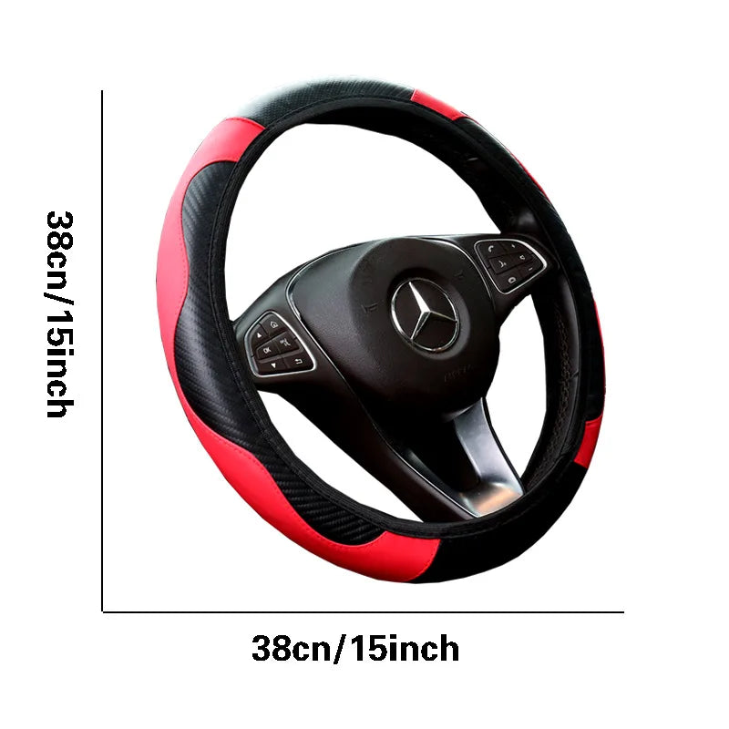Universal 38cm Car Steering Wheel Cover Carbon Fiber Leather Anti-slip Breathable Auto Steering Protector For Most Sedan SUV Tru Qme