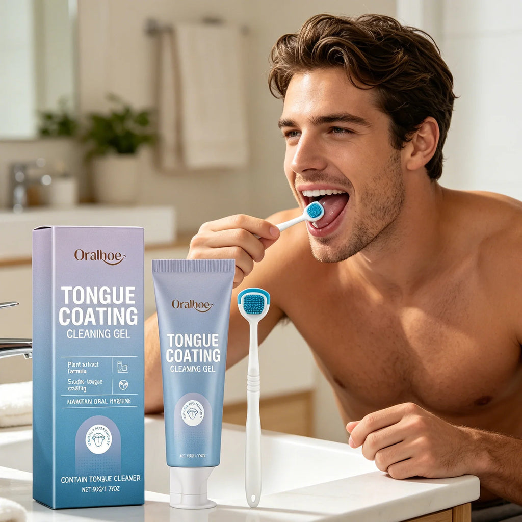 Oralhoe Tongue Coating Cleaning Gel for Fresh Breathing Odor Remover Mint Oral Hygiene Products with Silicone Tongue Scraper 50g Qme