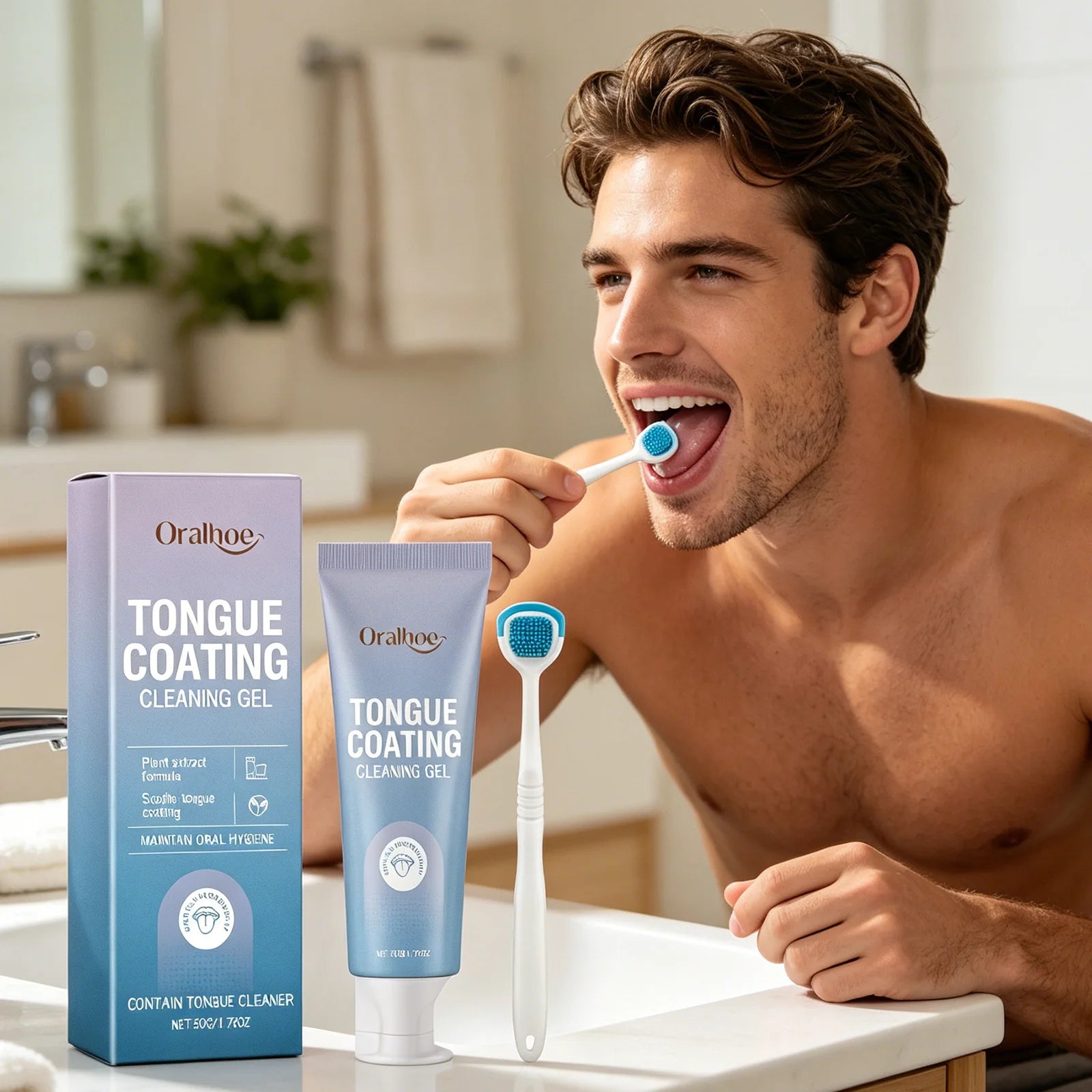Oralhoe Tongue Coating Cleaning Gel for Fresh Breathing Odor Remover Mint Oral Hygiene Products with Silicone Tongue Scraper 50g Qme