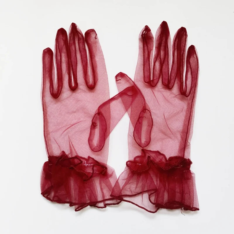Women Black Lace Gloves Ultra Thin Tulle Wedding Bride Dress Driving Qme Burgundy One Size