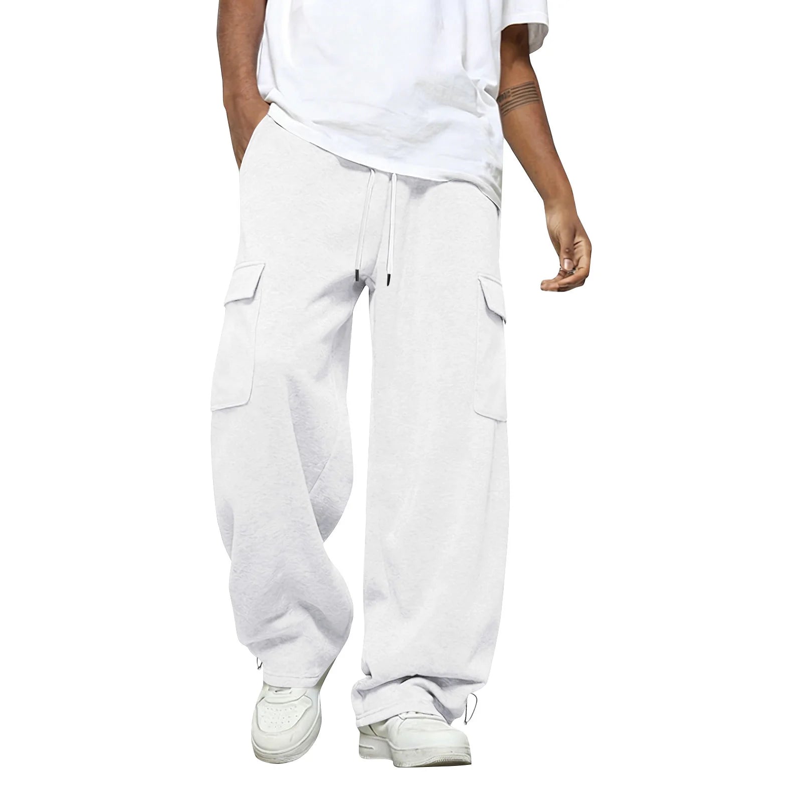 Male Basic Baggy Solid Wide Leg Sweatpants Fashion Daily Versatile Drawstring Elastic Waist Trousers Sports Hiking Comfy Pants Qme White M