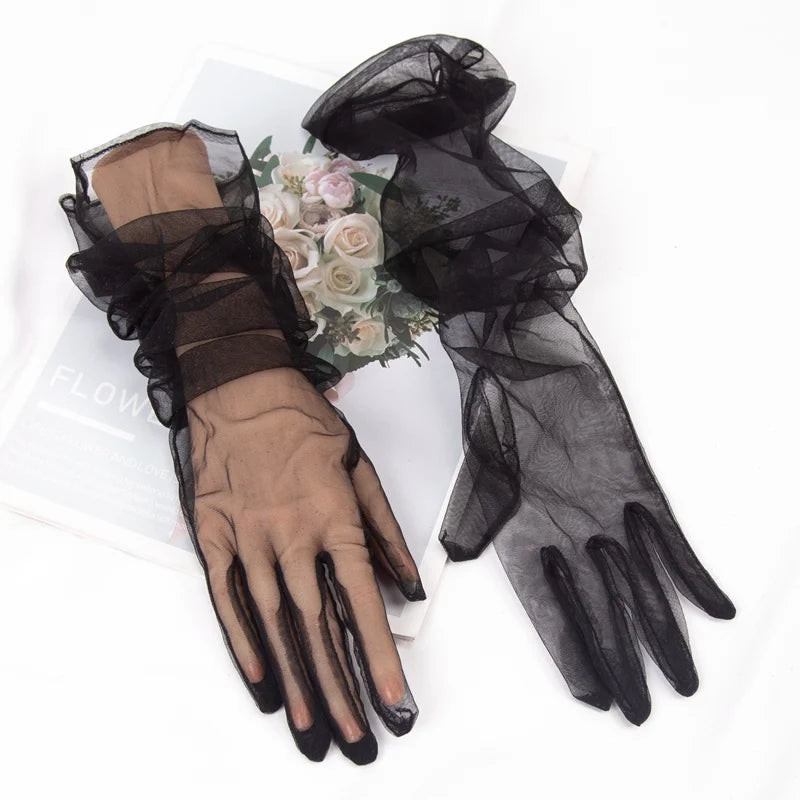 Women's Sexy Transparent Gloves Long Tulle Ultra Thin Full Finger Qme
