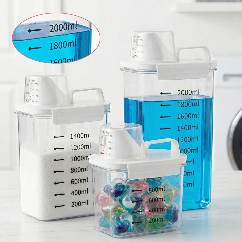 Laundry Detergent Dispenser for Powder & Liquid - Airtight Storage Container with Measuring Cup Lid, Clear Container for Laundry Qme