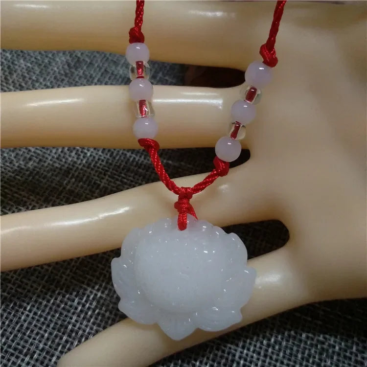 2024 Buddhist White Jade Hand Woven Pendant Necklace Lotus Guanyin Buddha Long Life Lock Pendant Lucky Religious Necklace Qme Lotus flower 45-65CM WHITE