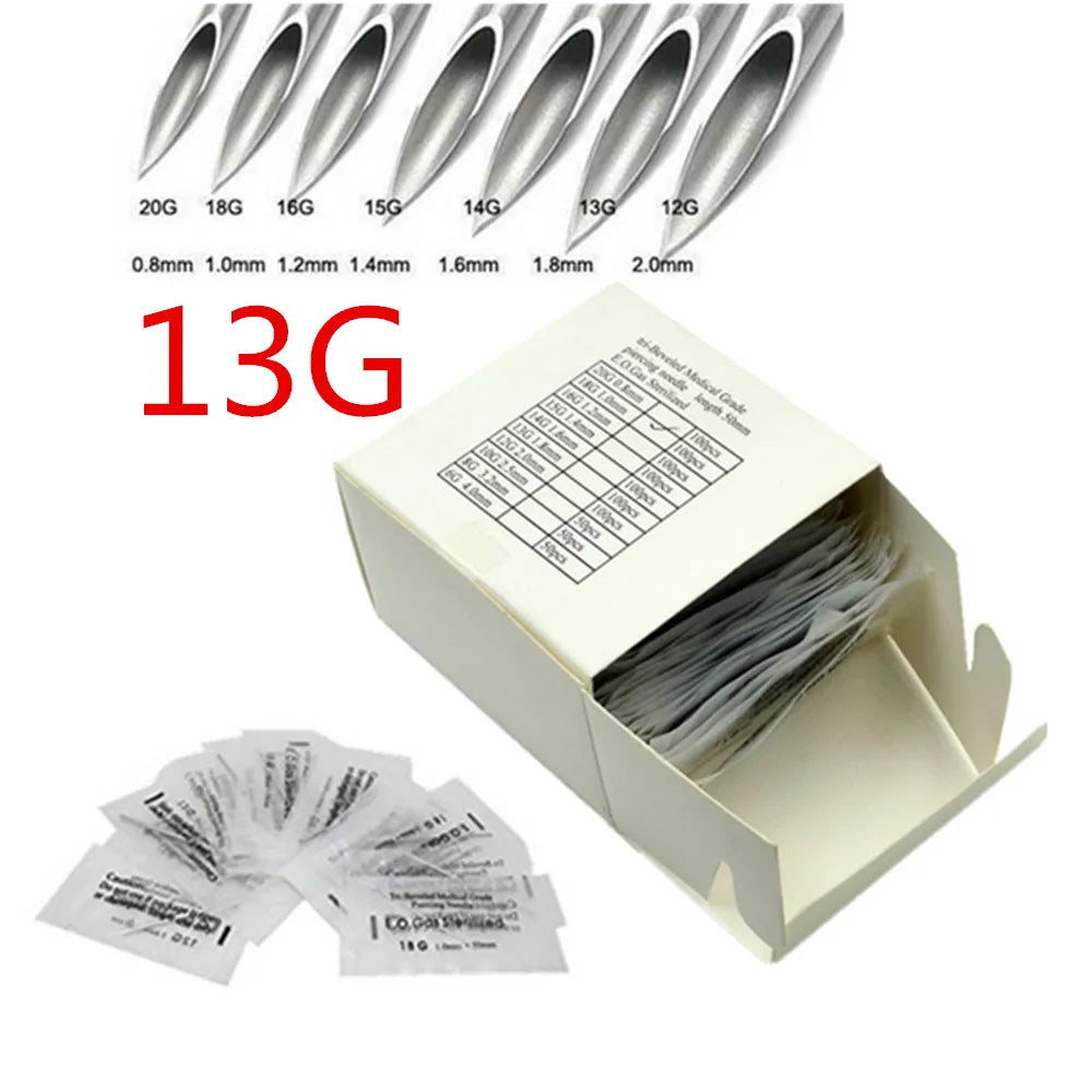 100PCS Sterilized Body Piercing Needle Tri-Beveled Medical Grade Surgical Steel 12G 13G 14G 15G 16G 18G 20G Supply Qme 100PCS 13G 1.8mm