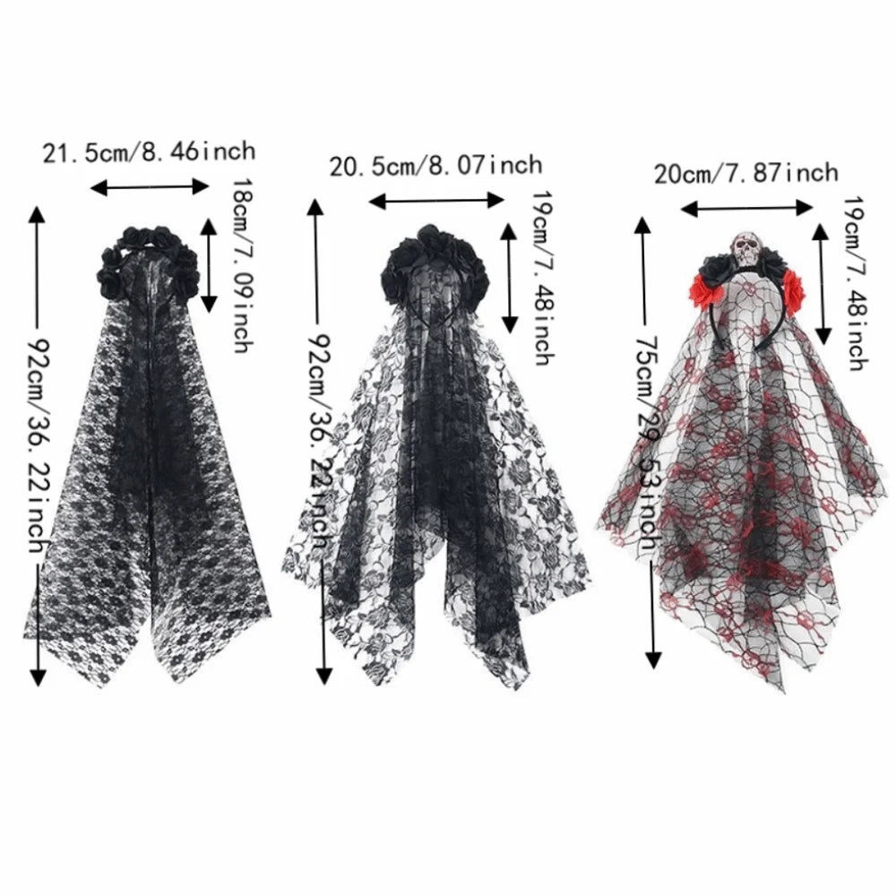 Gothic Ghost Bride Headband Simulation Rose Skull Pattern Halloween Rose Headband Lace Mesh Skull Mesh Veil Hairband Qme