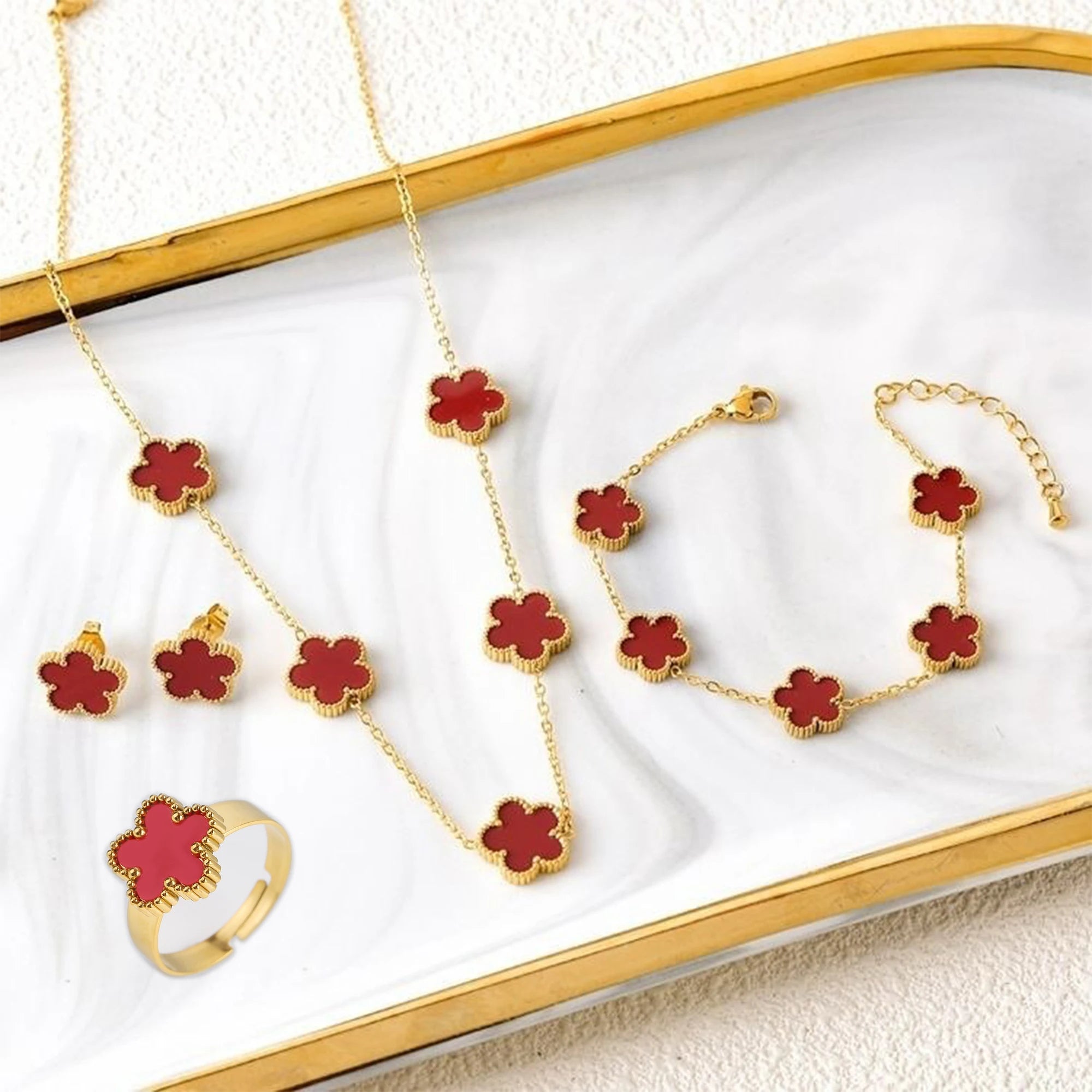 4Pcs 18k Gold-Plated Five-Leaf Flower Necklace Earrings Ring Bracelet Jewelry Set For Woman Party Jewelry Daily Wear Clover Gift Qme Jewelry Set 3