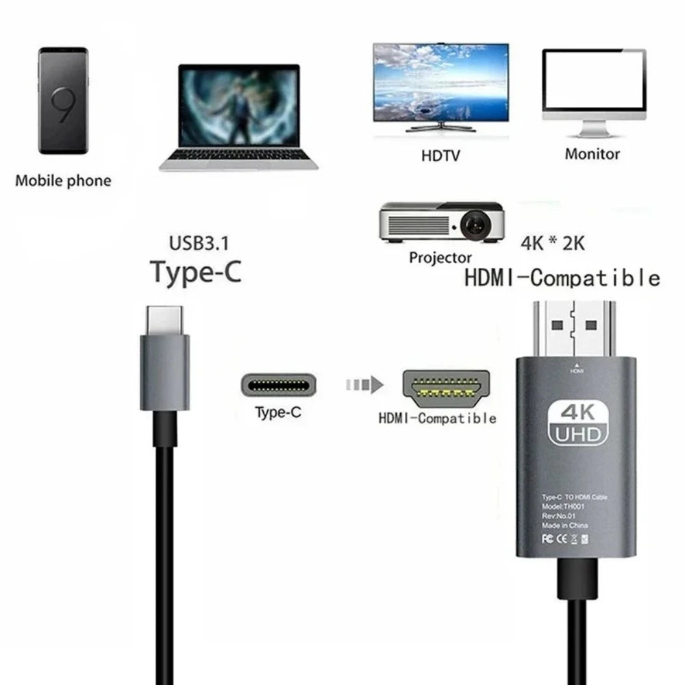 4K USB C Type-C to HDMI-Compatible Cable Ultra High Speed Definition Adapter Cable TV Computer Screen Projection Braided Cable Qme