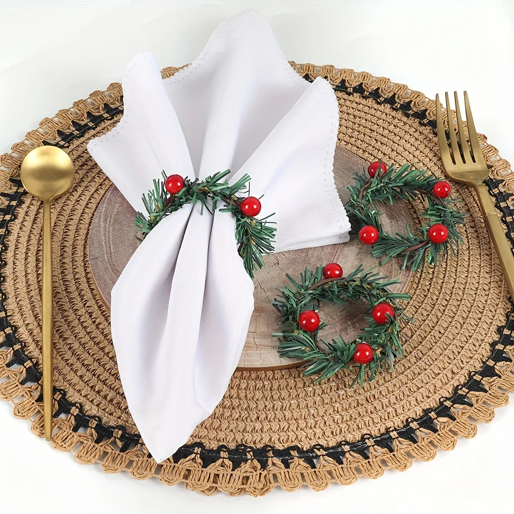 12-Pack Handcrafted Red Berry and Pine Needle Tablecloth Rings for Christmas Home Decor Qme