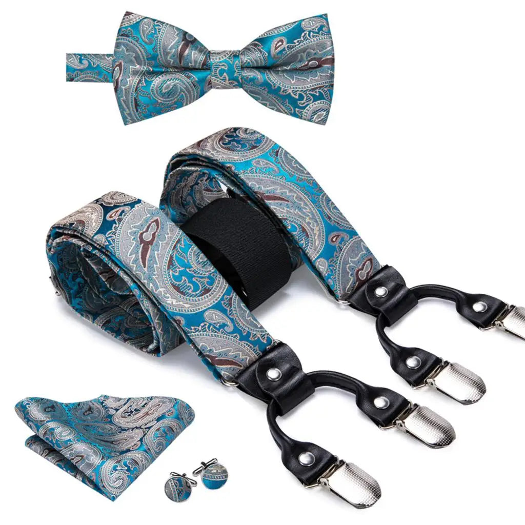 Hi-tie Jacquard Woven Silk Gold Mens Suspender Braces Bow Tie Hanky Qme BD-3029