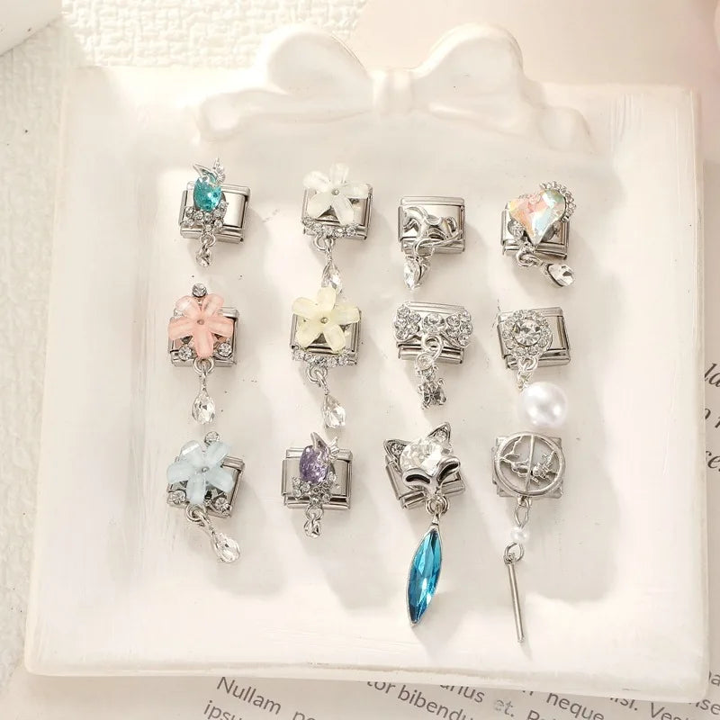 Shiny Round Pearl Zircon Flower Crystal Heart Italian Charm Links Fit 9mm Stainless Steel Bracelet Women Jewelry DIY Making Gift Qme