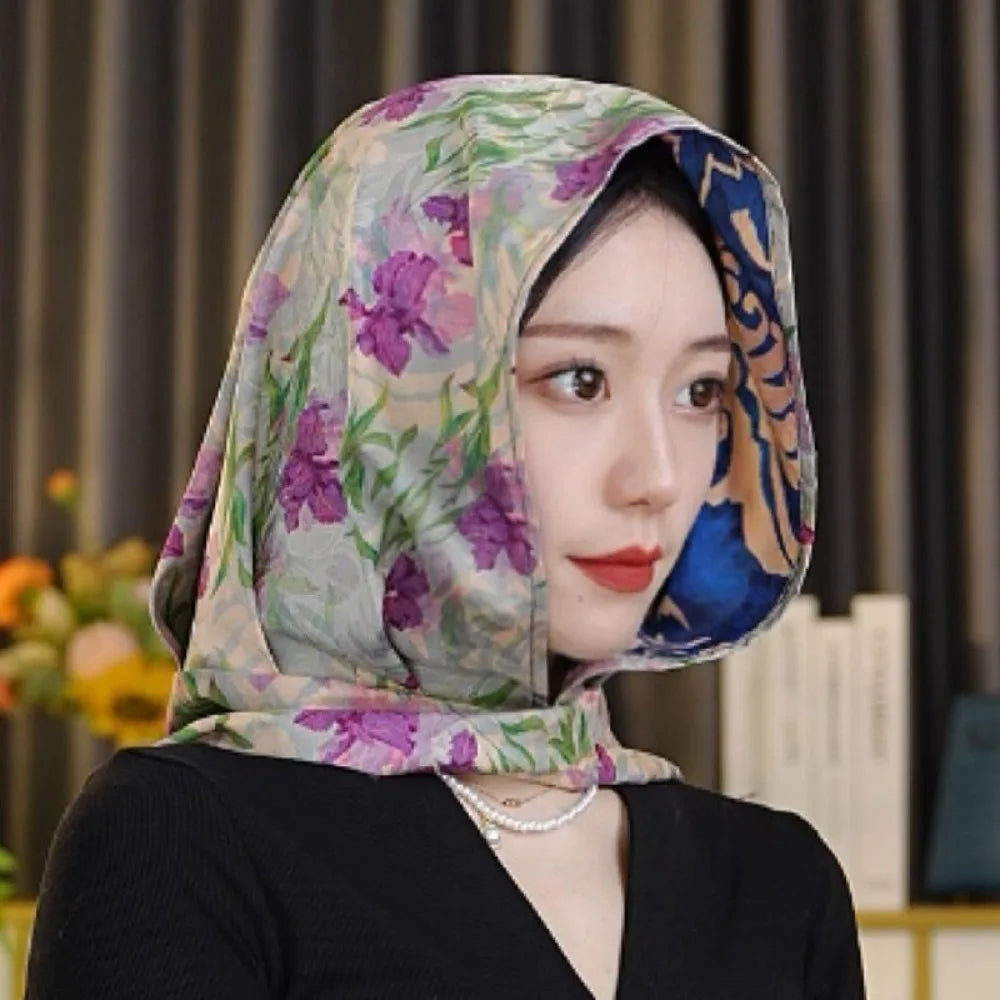 Headkerchief Elegant Printed Turban Hat Painting Cotton Linen Loom Silk Scarf Hat Sunscreen Polyester Women's Headscarf Beach Qme Style2