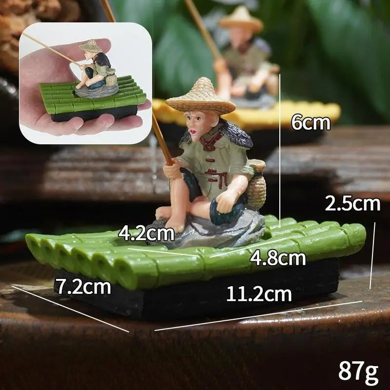 Outdoor Themed Elderly Fisherman Figurine Bamboo Raft PVC Statue Qme A1