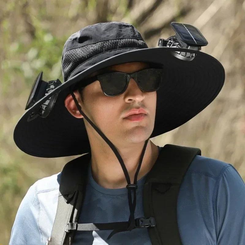 Solar Fan Bucket Hat Lightweight Breathable Wide Brim for Beach Gardening Hiking Rechargeable Via Sun or USB Cable for Men Women Qme Black