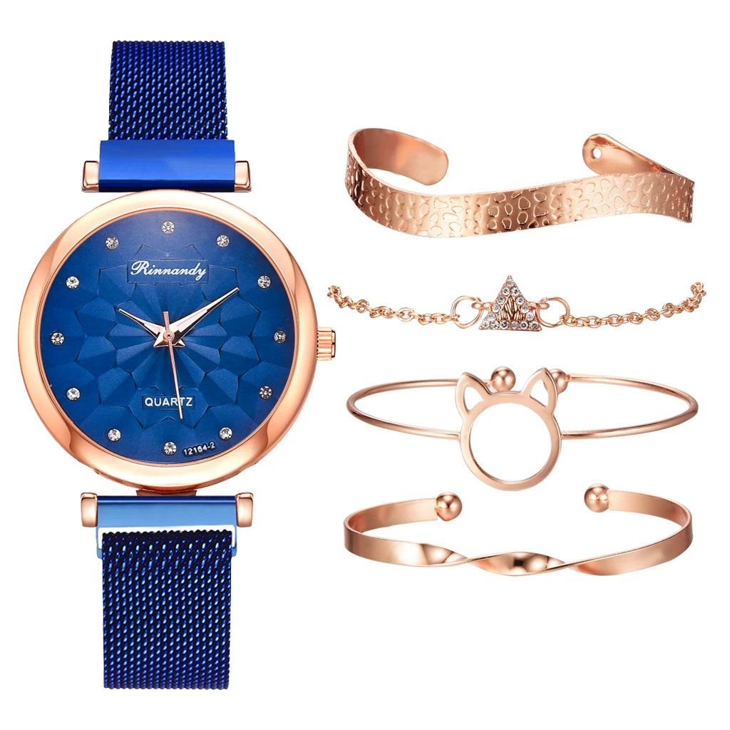 5PCS Bracelet Watches Set Fashion Women Rose Gold Mesh Belt Wristwatches Quartz Watch for Women Business Clock Relogio Feminino Qme H1-BU-RG