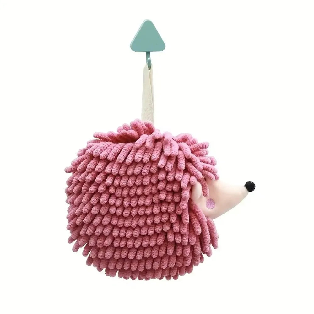 Chenille Fuzzy Ball Hand Towels Hedgehog Cartoon Towels Absorbent Funny Hanging Hand Drying Towel with Loop for Bathroom Kitchen Qme Pink