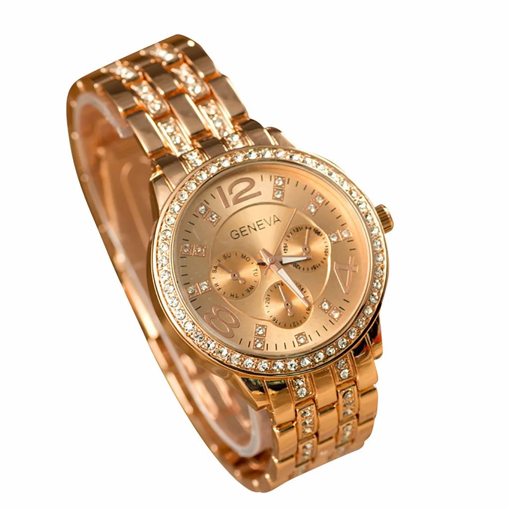 Female Fashionable Exquisite And Versatile Simple Business Alloy Stainless Steel Band With Diamond Quartz Round Wrist Watch Qme
