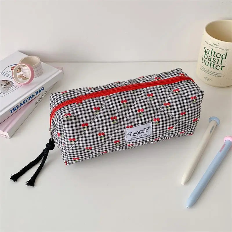 Cute Student Stationery Bag Ladies Cosmetic Bags Cherry Plaid Large Qme Black