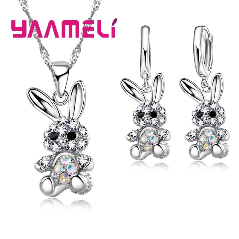 Lovely Cute Rabbit Gifts for Women Girls 925 Sterling Silver Color Jewelry Sets AB Colored Cubic Zircon Necklace Dangle Earrings Qme