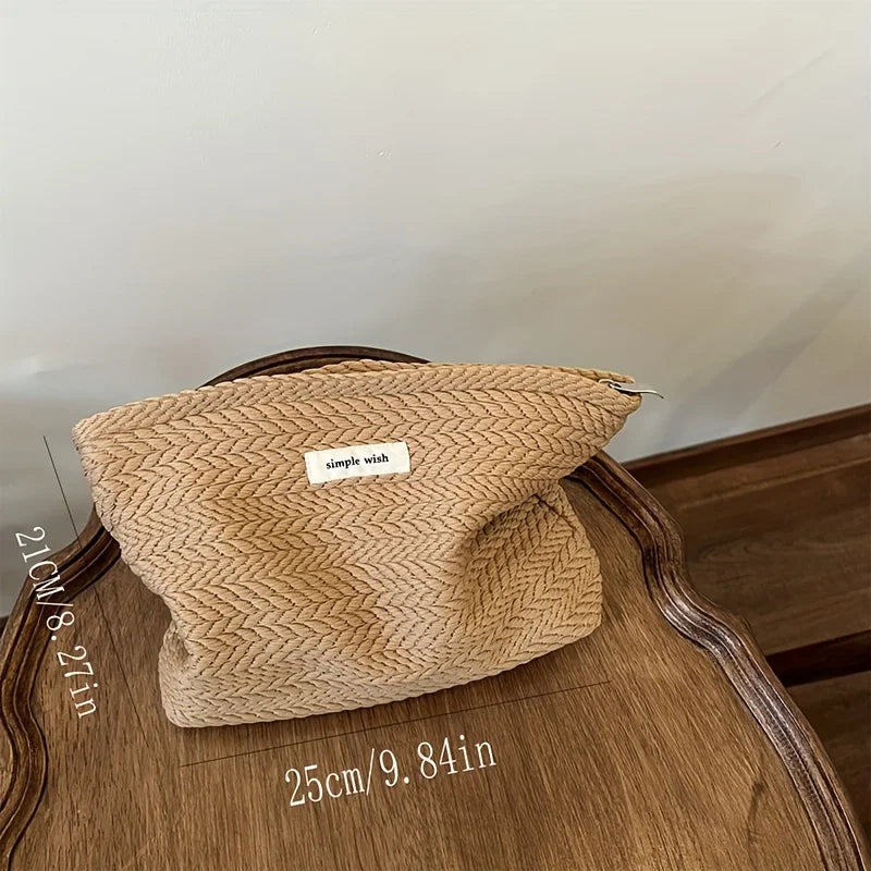 Nordic Style Embossed Weave Makeup Storage Bag Soft Fabric Cosmetic Pouch Portable Travel Toiletry Organizer Purse Qme