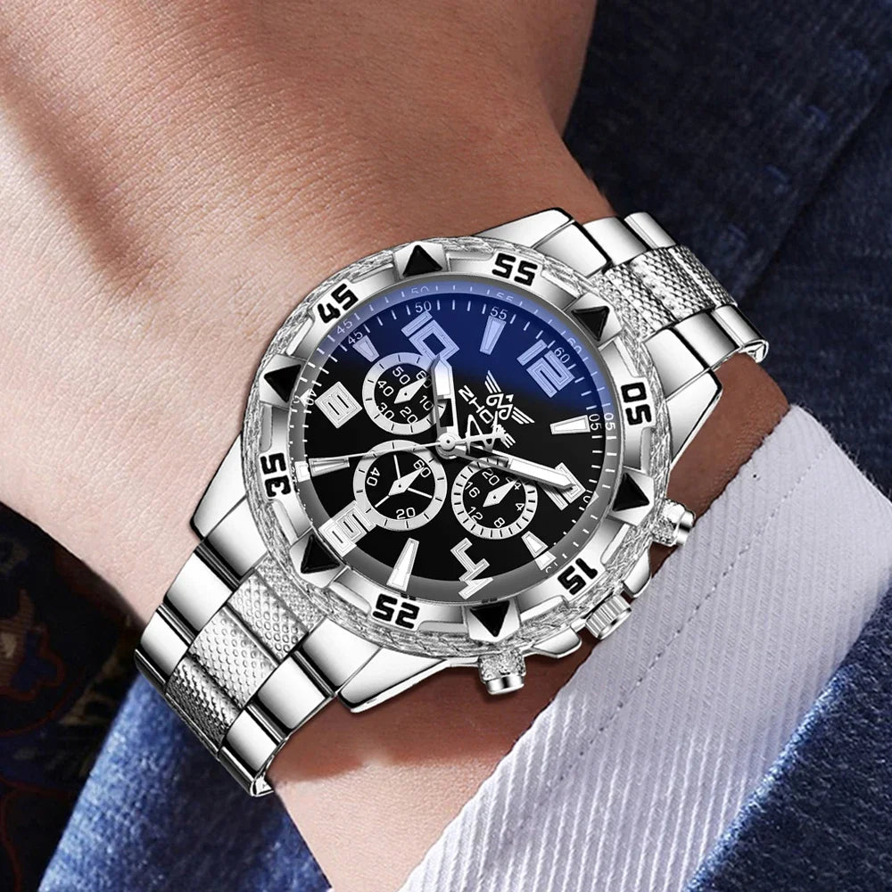 2PCS Silver Men's Watch Set Fashion Trend Business Quartz Watch Set Suitable for Daily Clothing Matching Perfect Gift Qme