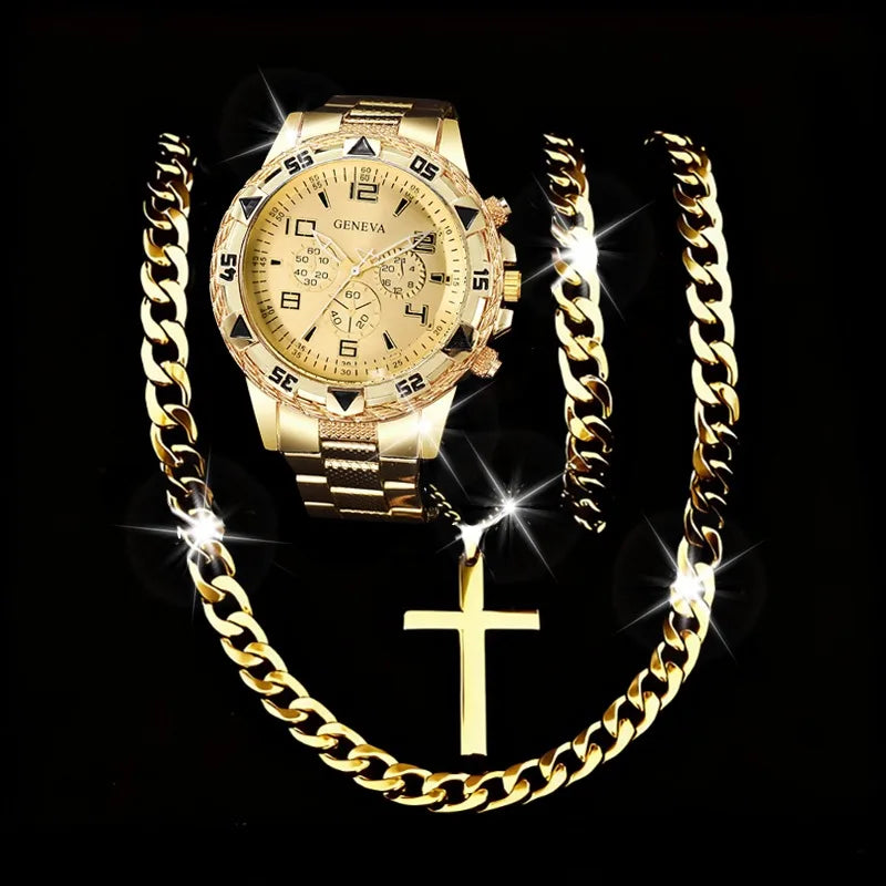 Men Geneva Gold Watch Cross Necklace 2Pcs Hip Hop Jewelry Set Qme