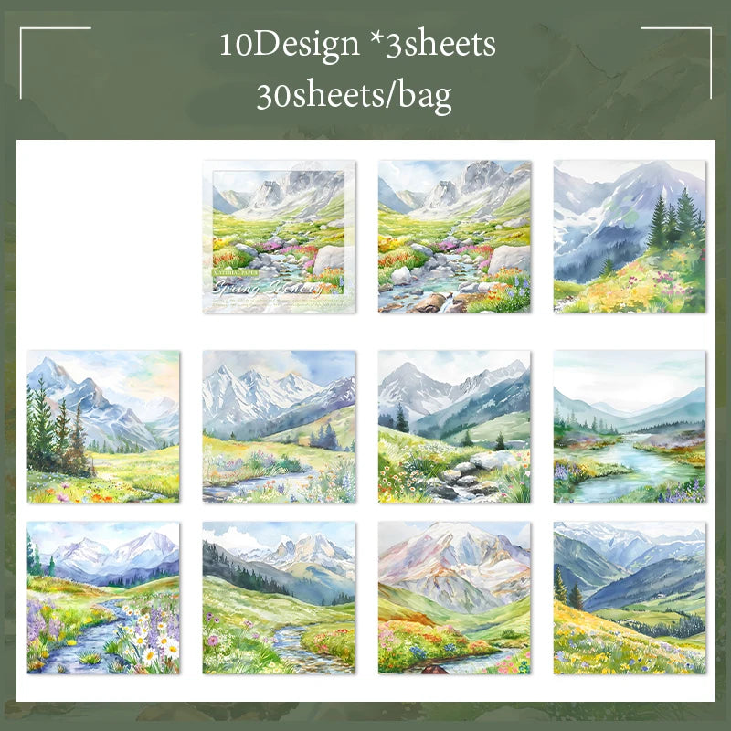 Material Paper 30 sheets/bag Spring Watercolour Landscape Handbook Stationery DIY Handmade & Scrapbook Journal Decoration Qme 4