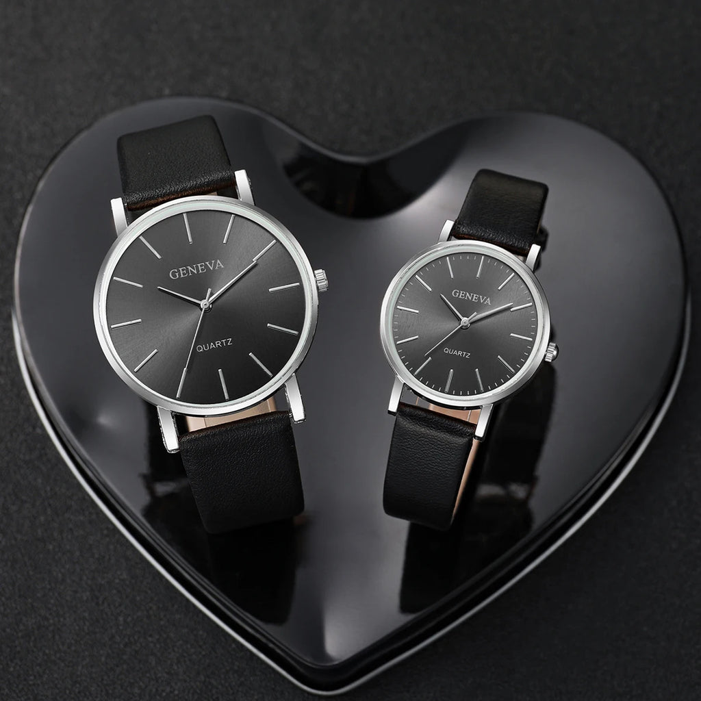 2 peças relógios de casal escala simples mostrador relógio de quartzo masculino feminino pulseira de couro relógios de pulso Qme black