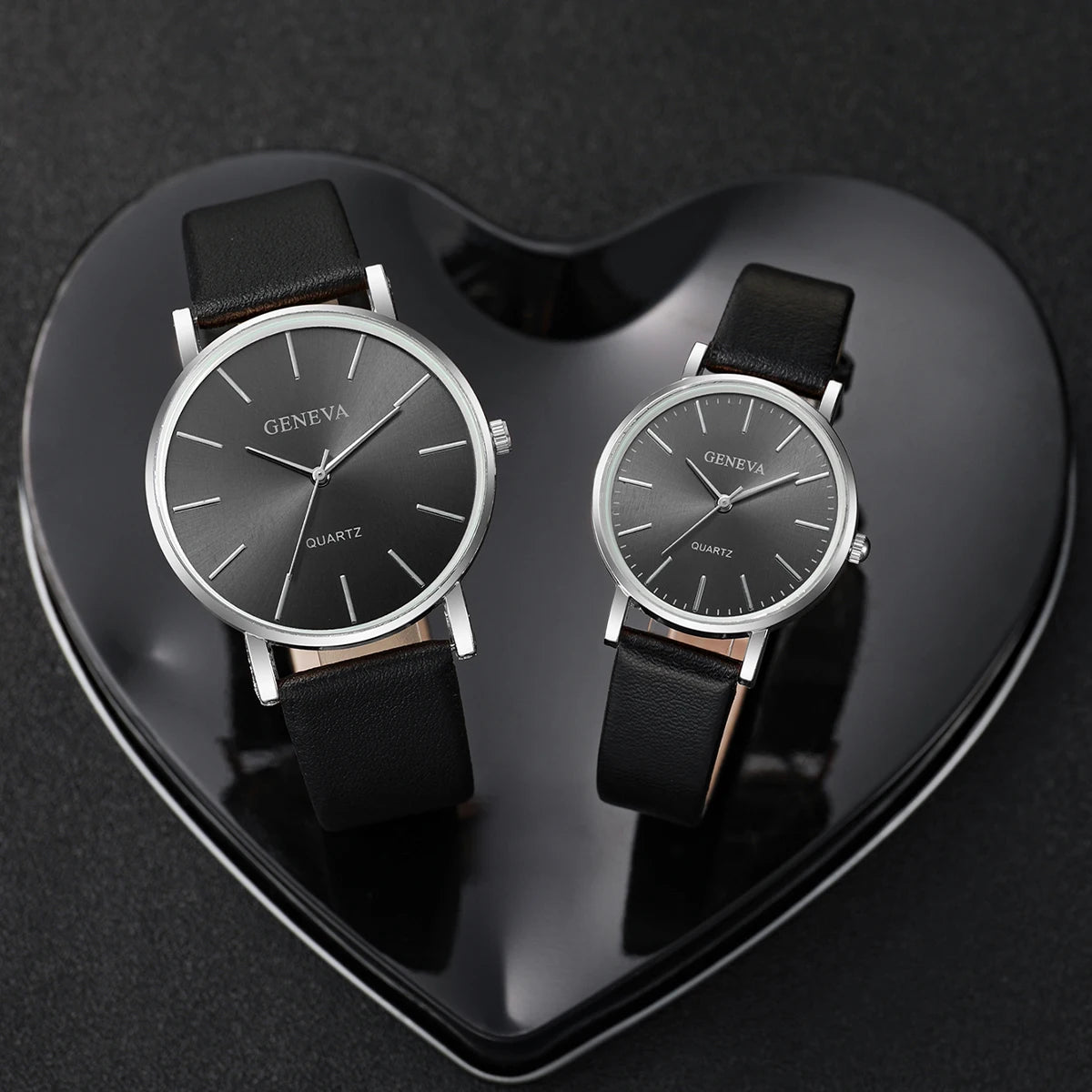2 peças relógios de casal escala simples mostrador relógio de quartzo masculino feminino pulseira de couro relógios de pulso Qme black