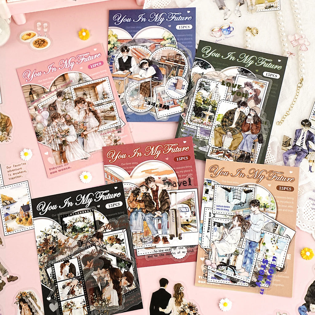 15 Sheets/Bag Couple Love Lifetime Themed Sticker Pack for DIY Scrapbook Phone Case Decoration Birthday Gift Craft Supplies Qme
