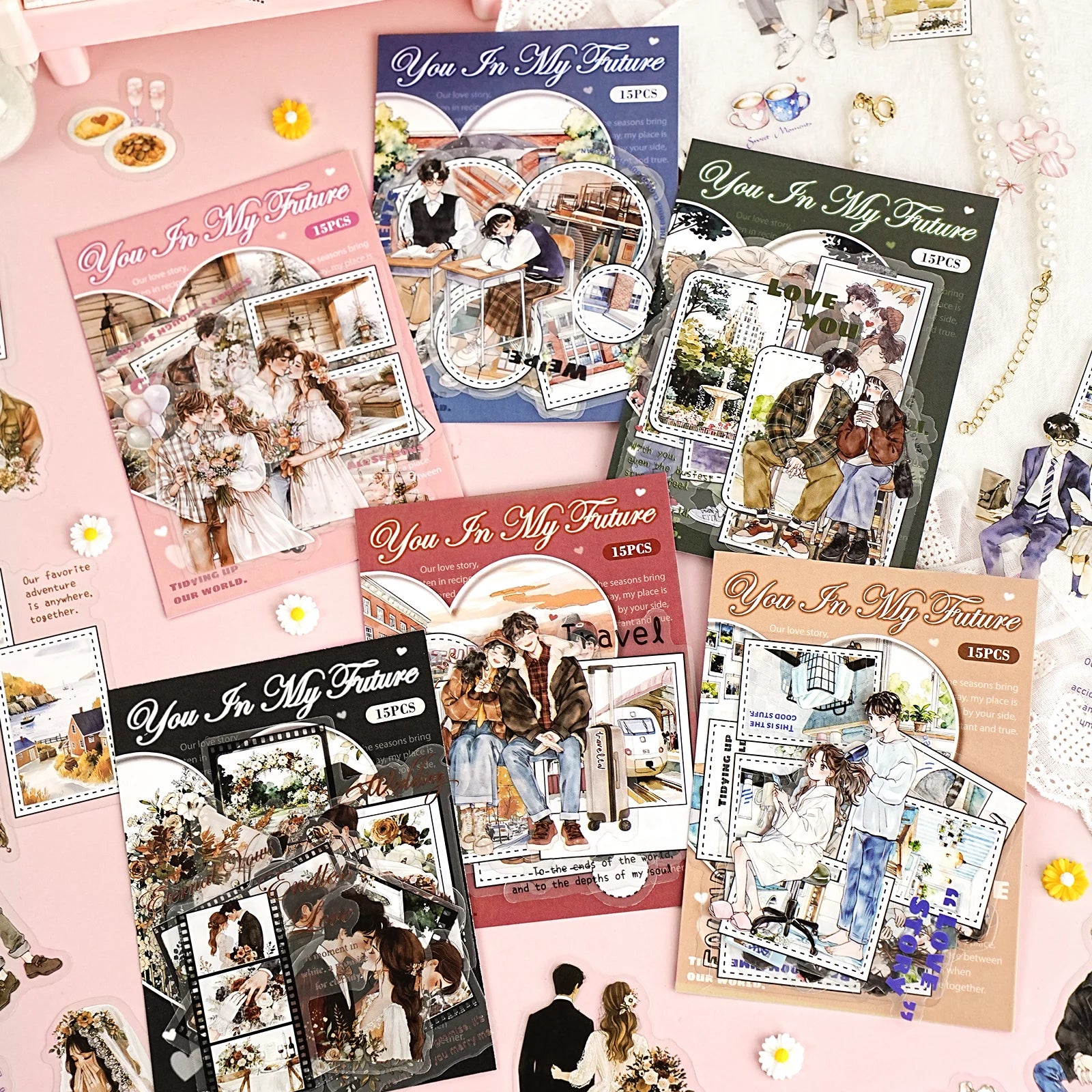 15 Sheets/Bag Couple Love Lifetime Themed Sticker Pack for DIY Scrapbook Phone Case Decoration Birthday Gift Craft Supplies Qme
