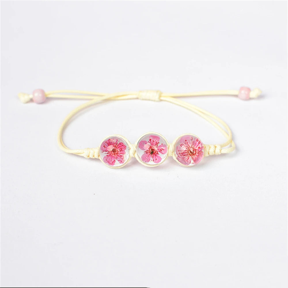 b22 Glass Ball Dried Cherry Blossoms Hand-made Dried Flower Charm Bracelets Multiple options Gifts Natural Flower Weave Jewelry Qme Carmine red
