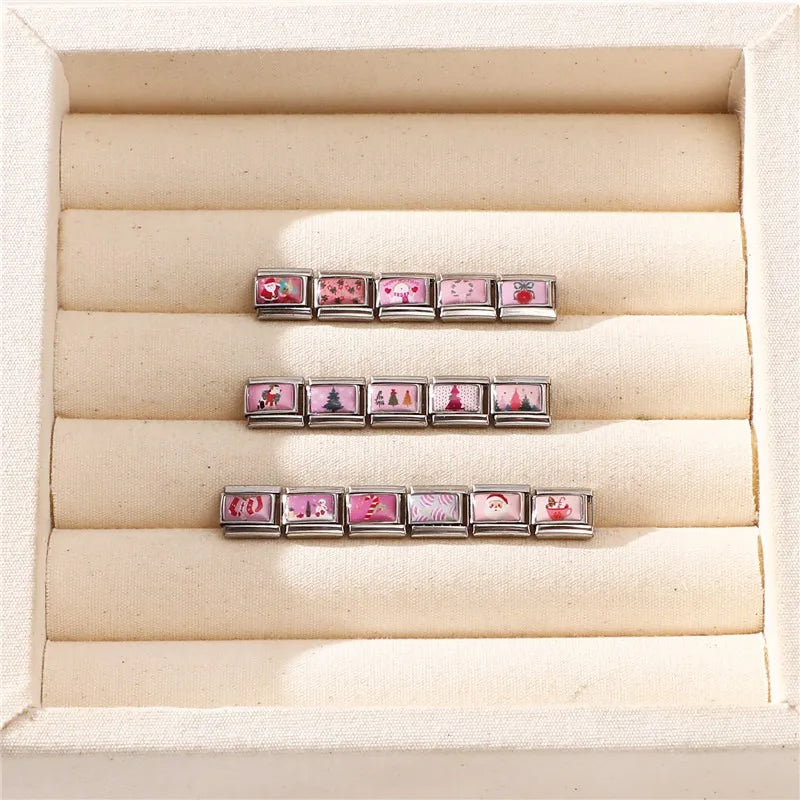 2025 Original Pink Christmas Tree Snowman Xmas Elk Wreath Sock Santa Claus Italian Charm Fit9mm Stainless Steel Bracelet Jewelry Qme