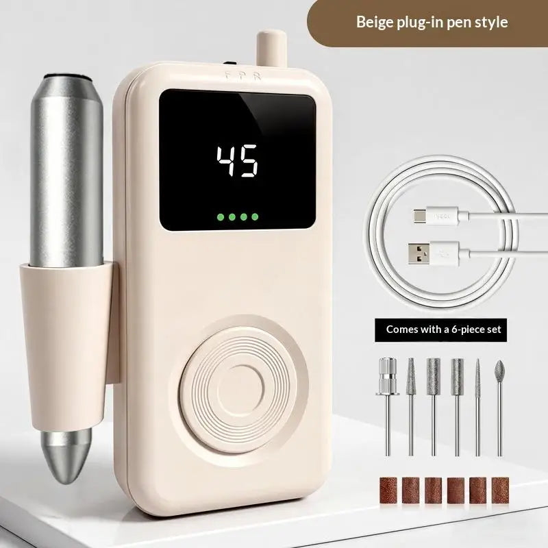 Low Noise Electric Portable Nail Drill Machine Rechargeable Sander Qme 6Pcs Beige 100V-127V US Plug